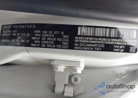 2017 Jeep Renegade Latitude Fwd z USA, uszkodzony, nr VIN ZACCJABB4HPF12753